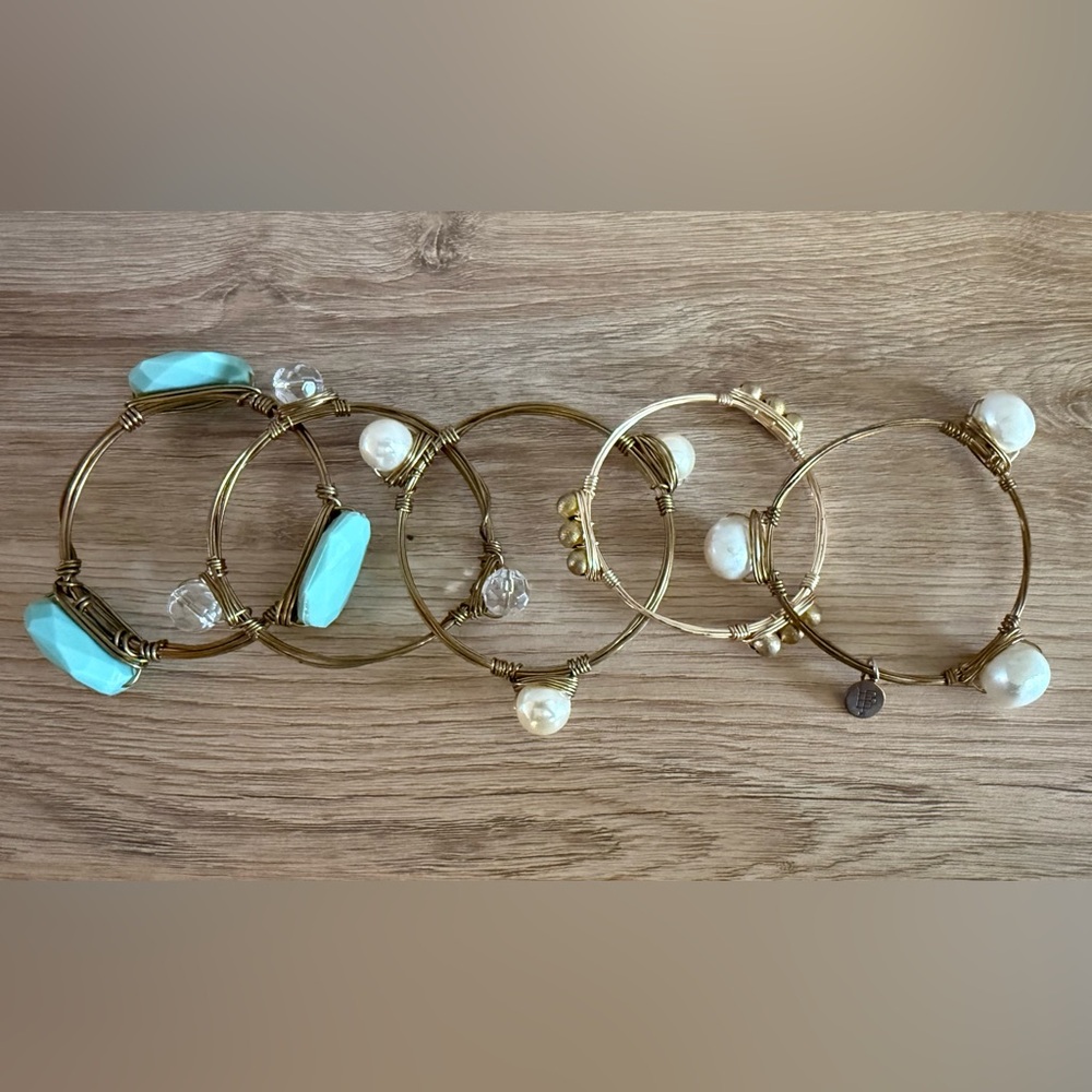 Bourbon & Boweties Bangle Bracelet Set of 5 Gold Wire Pearl Turquoise Crystal